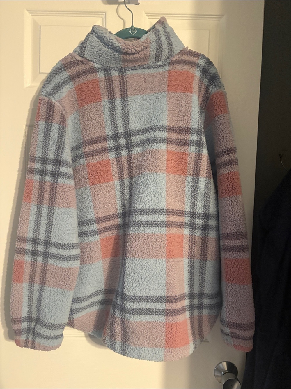 NWT Plaid Sherpa Half-Zip Pullover Hoodie - Light Blue & Dusty Rose - Picture 4 of 6